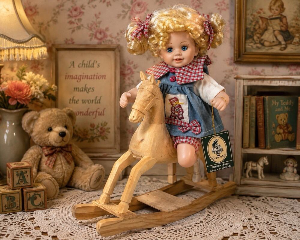 Geppeddo Alecia & Grizzly Playtime Series Porcelain Doll Wooden Rocking Horse
